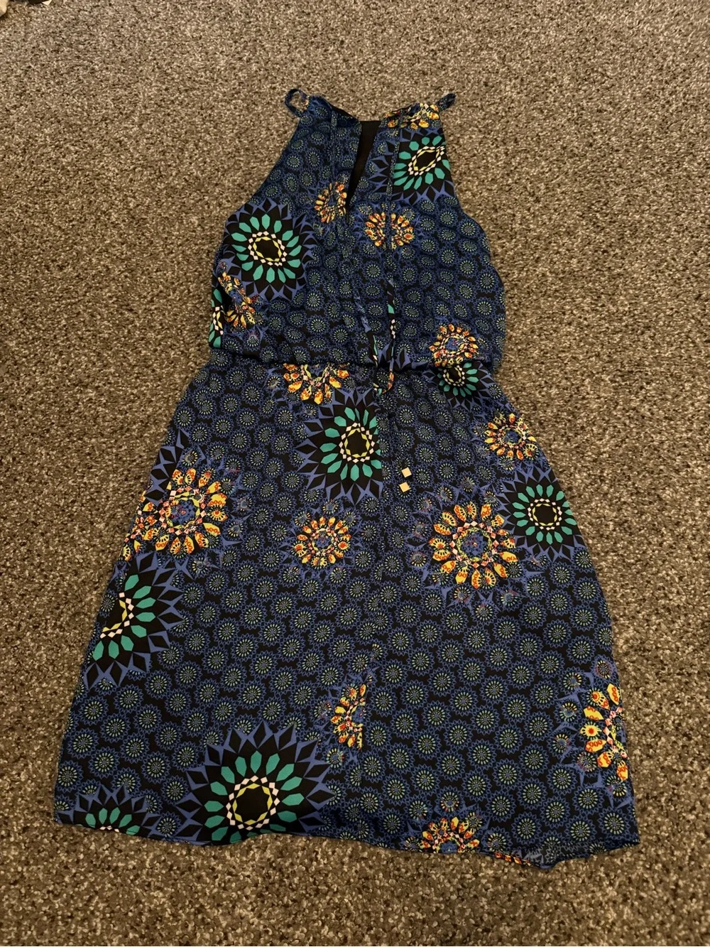 Laundry by Design Blue Floral Halter Midi Dress with Teal & Yellow Accents